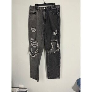 SHEIN Women Two‎ Tone Distressed Ripped Mom Jeans Black Grey Size L